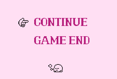 a screen that says continue game end on a pink background