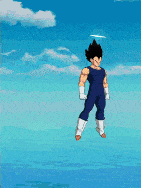 a cartoon of goku and vegeta fighting with a blue sky in the background