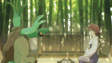 a cartoon drawing of a woman sitting next to a green monster