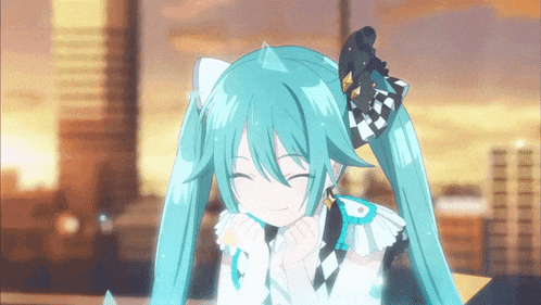 a girl with blue hair and a cat ear bow on her head