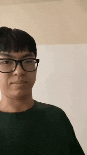 a young man wearing glasses and a green sweater is looking at the camera .