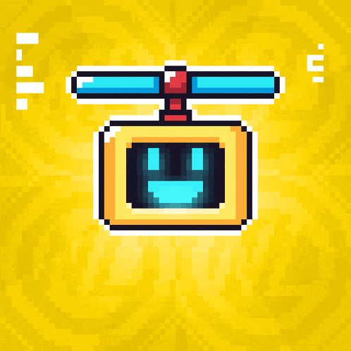 a pixel art drawing of a helicopter with a blue face on a yellow background