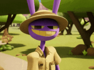 a purple cartoon character wearing a hat and a tan shirt