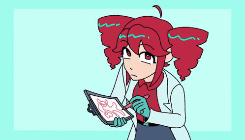 a cartoon drawing of a girl with red hair holding a tablet