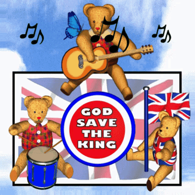 a group of teddy bears are playing instruments and singing a song called god save the king