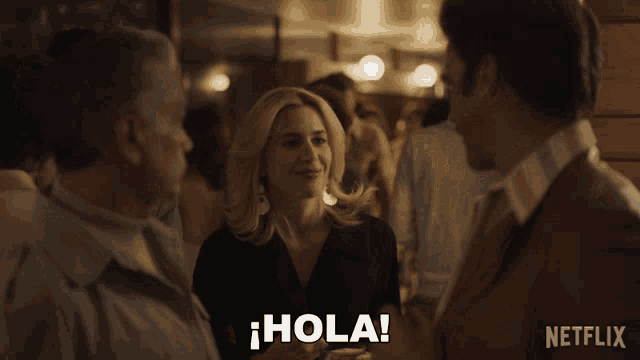 a netflix ad shows a woman talking to a man in a crowd
