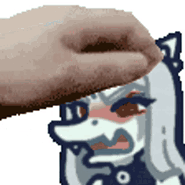 a pixel art of a hand touching a cartoon character 's head .