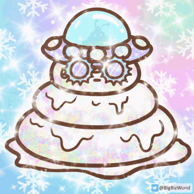 a cartoon drawing of a snow globe with the twitter username @bigbizworld at the bottom