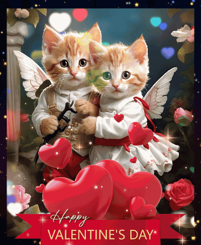 a happy valentine 's day greeting card with two kittens and hearts