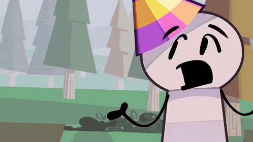 a cartoon character wearing a party hat stands in a forest