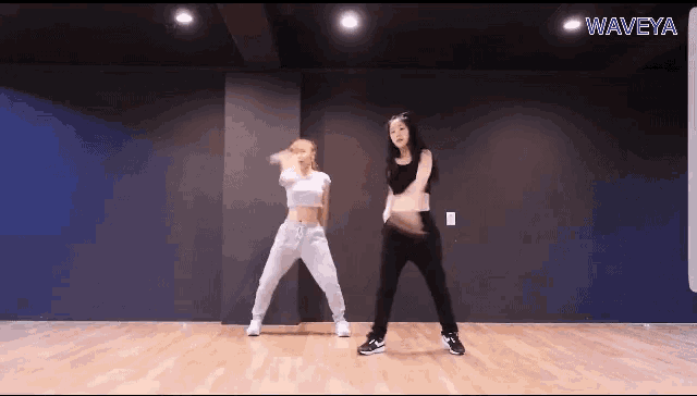 two women are dancing in a dance studio and the words waveya are on the screen