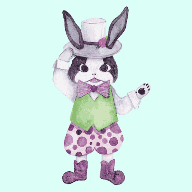 a rabbit wearing a top hat and purple polka dot shorts