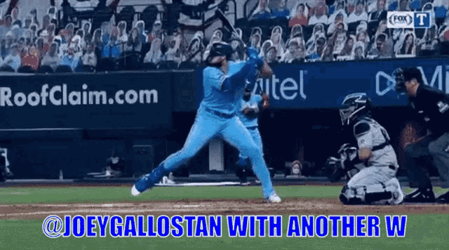 a baseball player is swinging at a pitch with a roofclaim.com banner in the background