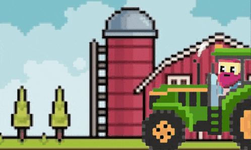 a pixel art illustration of a man driving a green tractor in front of a red barn