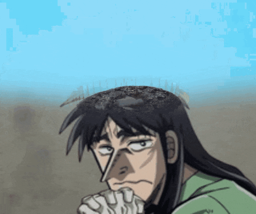 a cartoon of a man with long hair holding his hand to his chin