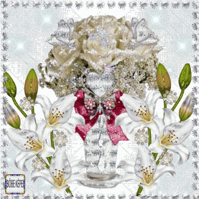 a bouquet of white flowers in a vase with a pink bow and the words bocekepe on the bottom