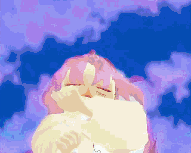 a drawing of a girl with pink hair and a purple background