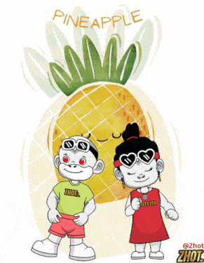a boy and a girl are standing next to a pineapple that says pineapple on it