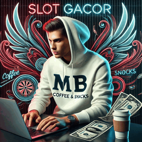 a man wearing a mb coffee and snacks sweatshirt is using a laptop