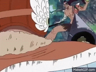 a cartoon of a man riding a motorcycle with a bird on his head .