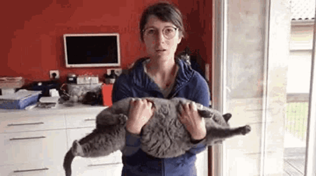 a woman is holding a cat in her arms in a living room .