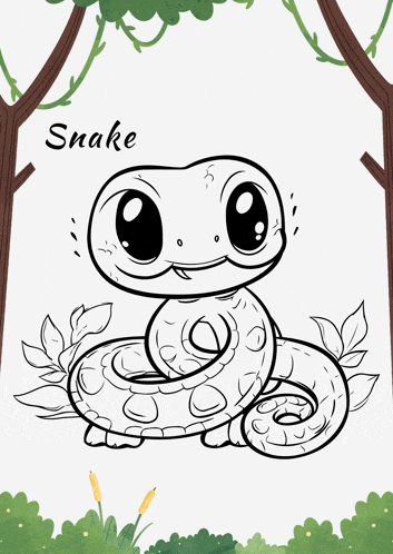 a black and white drawing of a snake surrounded by trees