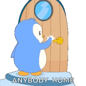 a penguin is standing in front of a door with the words anybody home written below it