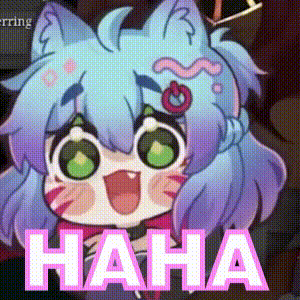 a cartoon girl with blue hair and green eyes is laughing with the words `` haha '' written in pink .