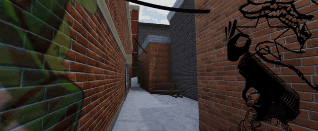 a brick alleyway with a couch in the middle of it