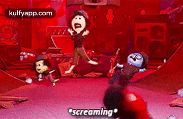 a group of cartoon characters are screaming and jumping in the air .