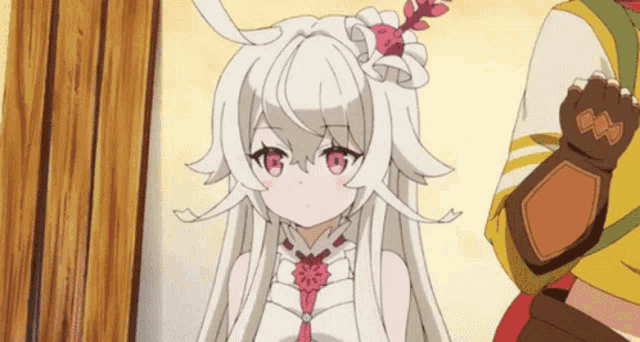 a girl with white hair and a flower in her hair is standing next to a man
