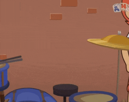 a cartoon of a boy playing drums with the letters ah on the bottom right