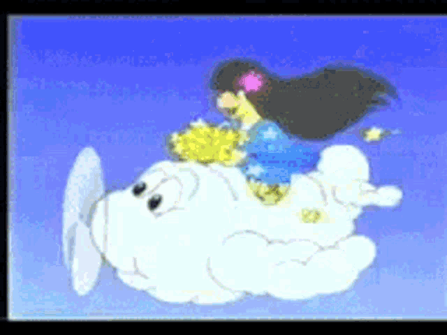 a cartoon girl is riding on the back of a white cloud