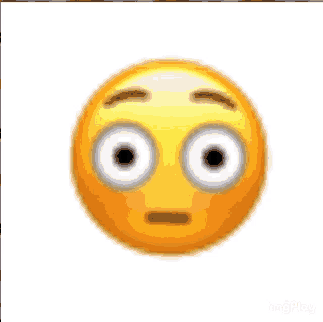 a close up of a yellow smiley face with big eyes and a surprised look on its face on a white background .