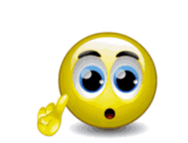 a yellow smiley face with big blue eyes is pointing up