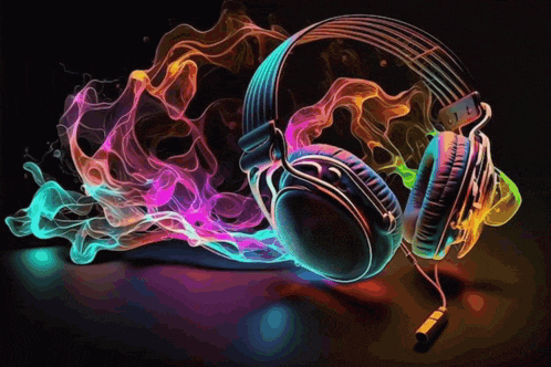 a pair of headphones are surrounded by colorful smoke and a black background