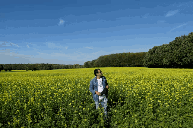 a man stands in a field of yellow flowers wearing a t-shirt that says ' i love you ' on it
