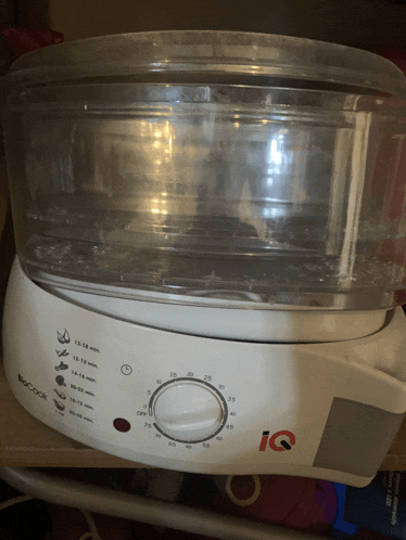 a white iq brand steamer is sitting on a shelf