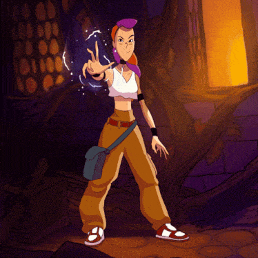 a cartoon drawing of a girl with purple hair and a blue bag