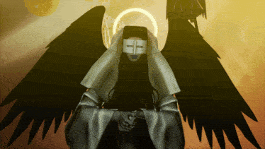 a woman with black wings is wearing a mask with the letter h on it