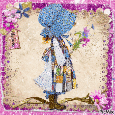 a picture of a girl with a blue hat holding a bouquet of flowers with a purple frame