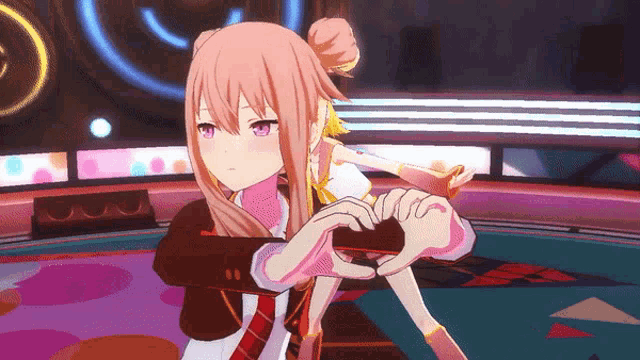 a girl making a heart shape with her hands in a video game