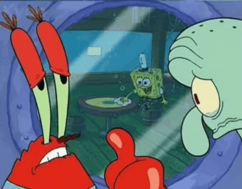 spongebob and squidward from spongebob squarepants are looking out of a window at a table .
