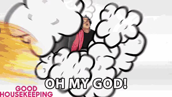 an ad for good housekeeping shows a man surrounded by smoke clouds