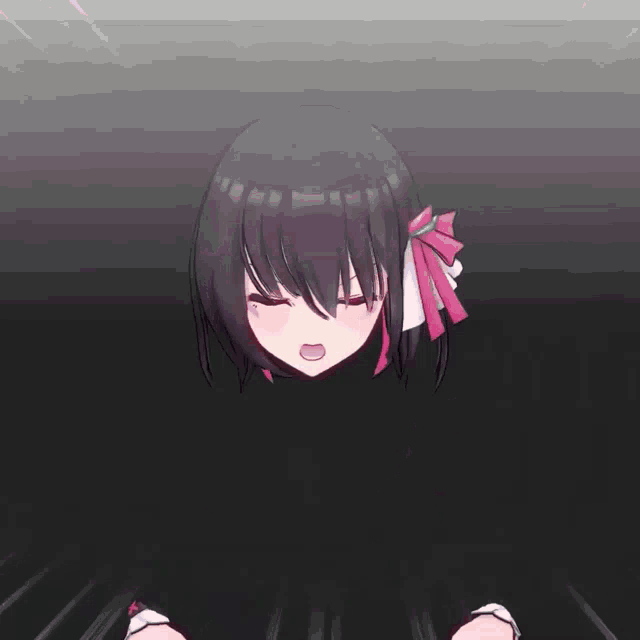 a girl with black hair and a red bow in her hair is standing in a dark room