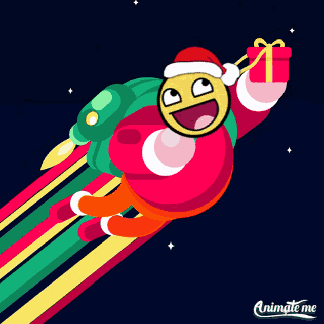 animate me shows a cartoon character flying through the air holding a present