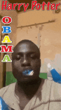 a man brushing his teeth with the words " harry potter " written above him