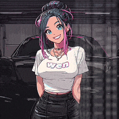 a pixel art of a girl with pink hair wearing a white shirt that says wen .