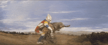 a cartoon character is fighting a monster in the desert .