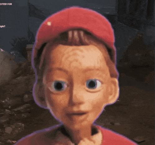 a cartoon character with a red hat and a purple outline around his face